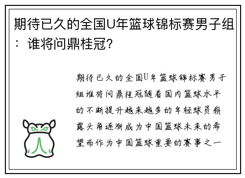 期待已久的全国U年篮球锦标赛男子组：谁将问鼎桂冠？