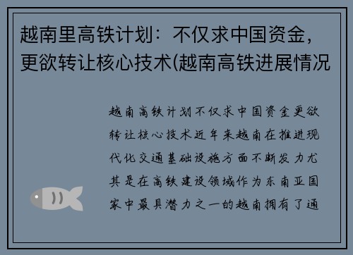 越南里高铁计划：不仅求中国资金，更欲转让核心技术(越南高铁进展情况)